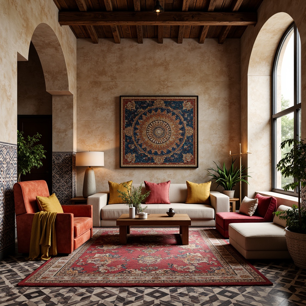 Prompt: Vibrant textile patterns, eclectic furniture, fusion architecture style, modern interior design, cozy living room, plush carpets, velvet sofas, Moroccan-inspired tiles, intricate geometric motifs, natural stone walls, wooden accents, ambient lighting, soft warm glow, shallow depth of field, 3/4 composition, panoramic view, realistic textures, ambient occlusion.