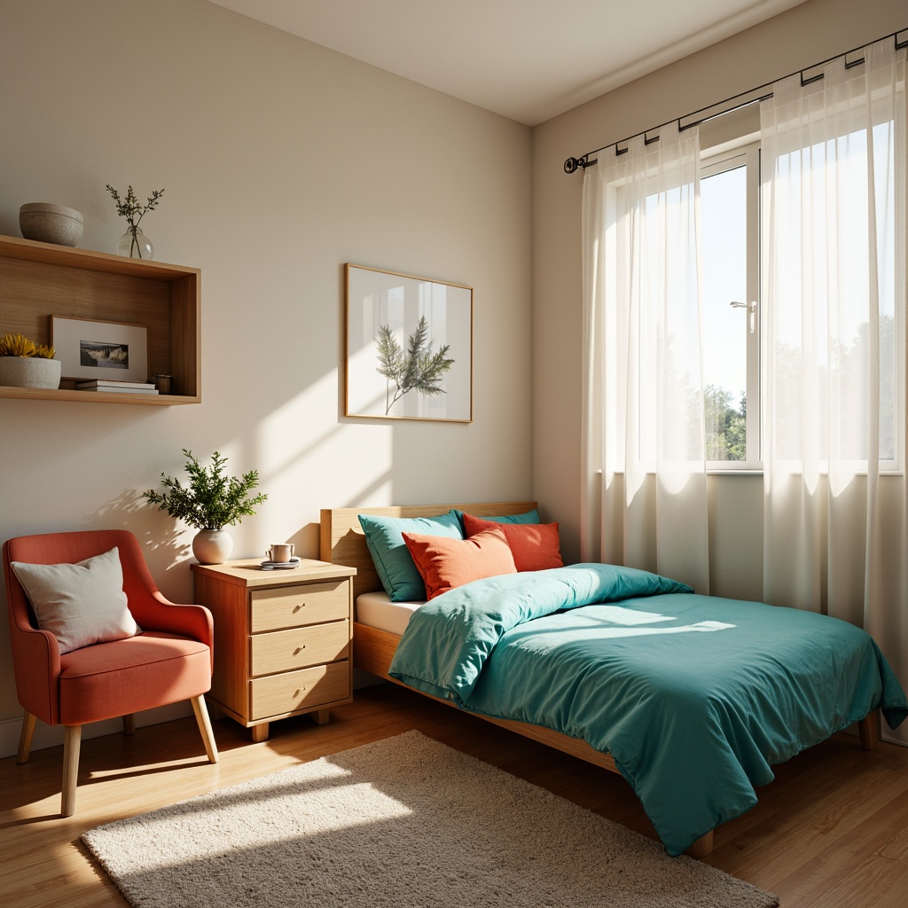 Prompt: Cozy dorm room, soft pastel hues, calming beige walls, warm wood furniture, plush area rug, vibrant accent pillows, rich turquoise bedding, natural light, sheer white curtains, modern minimalist decor, sleek metal frames, comfortable reading nook, softbox lighting, 1/1 composition, relaxed atmosphere.