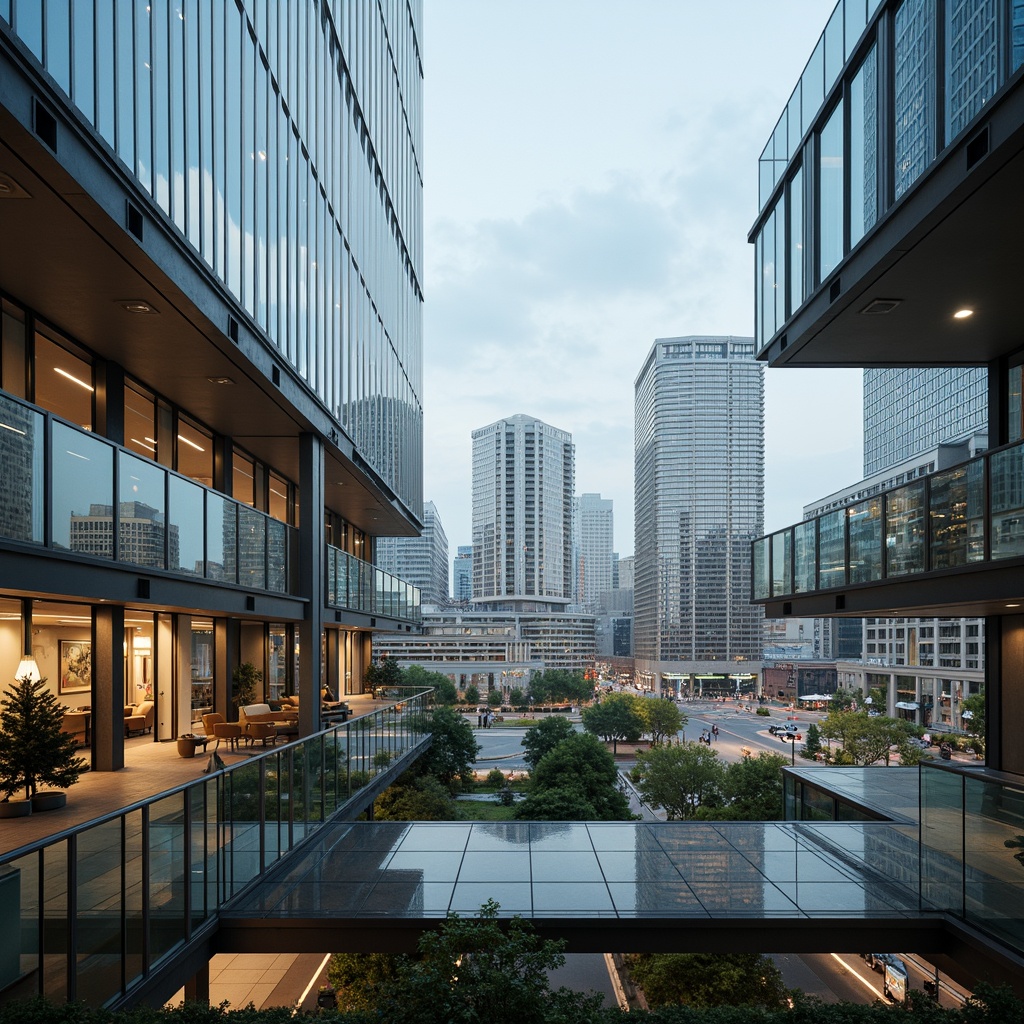 Prompt: Transparent observation deck, panoramic city views, modern minimalist architecture, sleek glass fa\u00e7ade, steel framework, open-air walkways, cantilevered floors, 360-degree vistas, reflective ceilings, ambient natural light, soft warm glow, shallow depth of field, 3/4 composition, realistic glass textures, subtle shading, futuristic design elements, innovative engineering solutions, sustainable building materials, green roofs, eco-friendly systems, misting outdoor spaces, urban landscape, bustling city streets, vibrant street art.