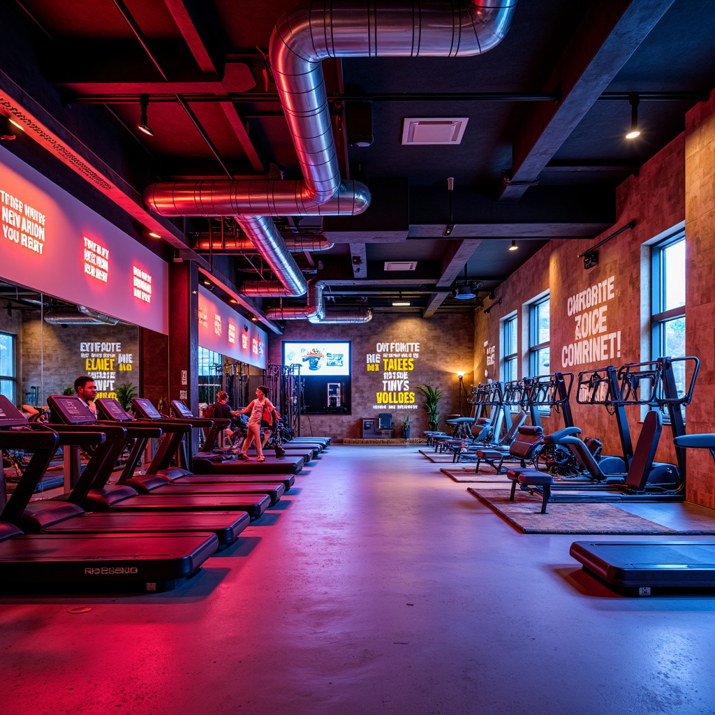 Prompt: Vibrant fitness club, energetic atmosphere, bold color scheme, motivational quotes, modern gym equipment, sleek metal frames, neon lights, dynamic patterns, high-contrast colors, stimulating ambiance, warm-up zones, cool-down areas, mirrored walls, polished floors, industrial chic decor, urban loft style, exposed ductwork, reclaimed wood accents, natural stone features, intense reds, deep blues, bright yellows, refreshing greens, invigorating lighting, 3/4 composition, shallow depth of field, panoramic view.