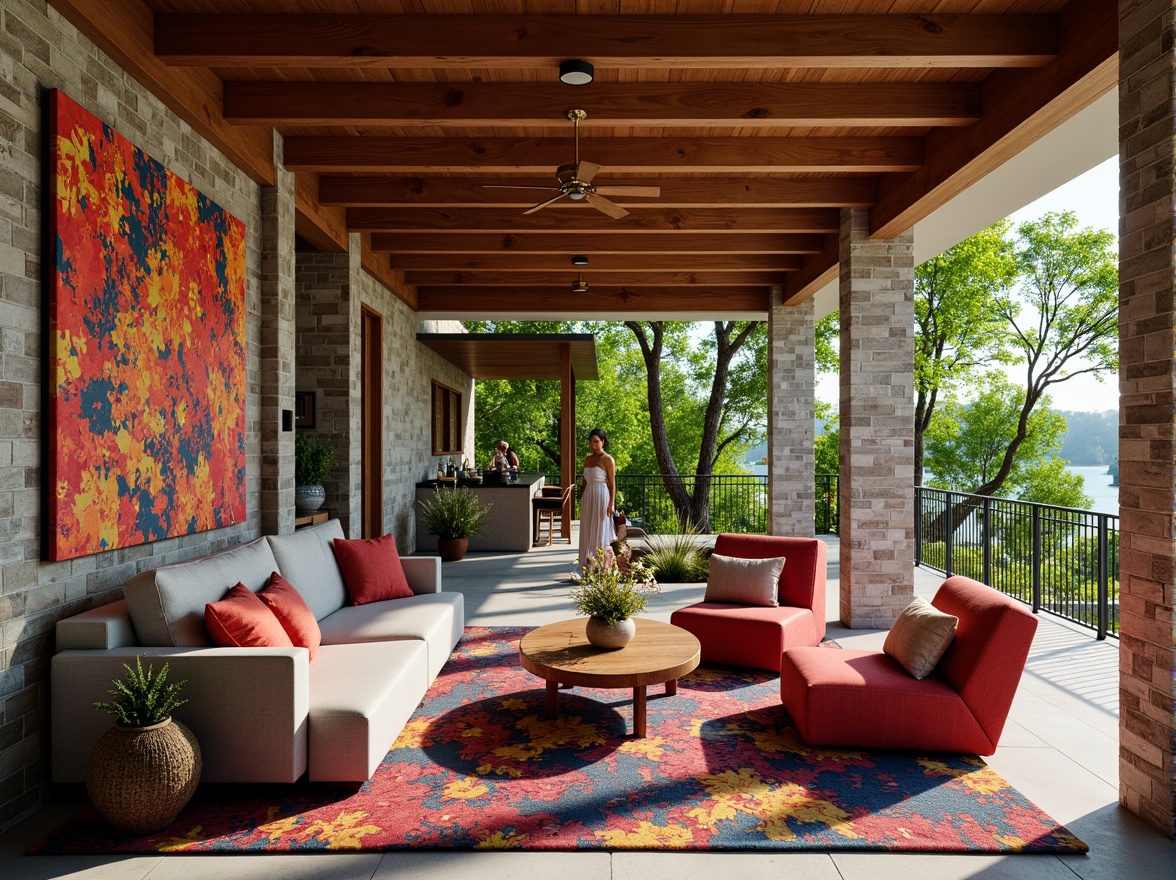 Prompt: Vibrant textile patterns, eclectic furniture, fusion architecture style, modern house design, bold color schemes, mixed materials, wooden accents, stone walls, abstract artwork, lush greenery, natural light, warm ambiance, cozy atmosphere, shallow depth of field, 3/4 composition, soft focus effect, realistic textures, ambient occlusion.