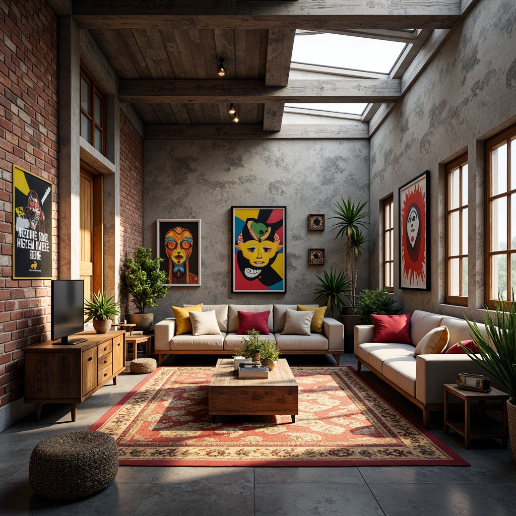 Prompt: Vibrant artistic studio, eclectic furniture pieces, abstract artwork, bold color blocking, contrasting textures, mixed media displays, inspirational quotes, modern industrial architecture, exposed brick walls, polished concrete floors, minimalist decor, natural light pouring in, overhead skylights, dramatic shadows, warm atmospheric lighting, 1/1 composition, shallow depth of field, realistic renderings, ambient occlusion.