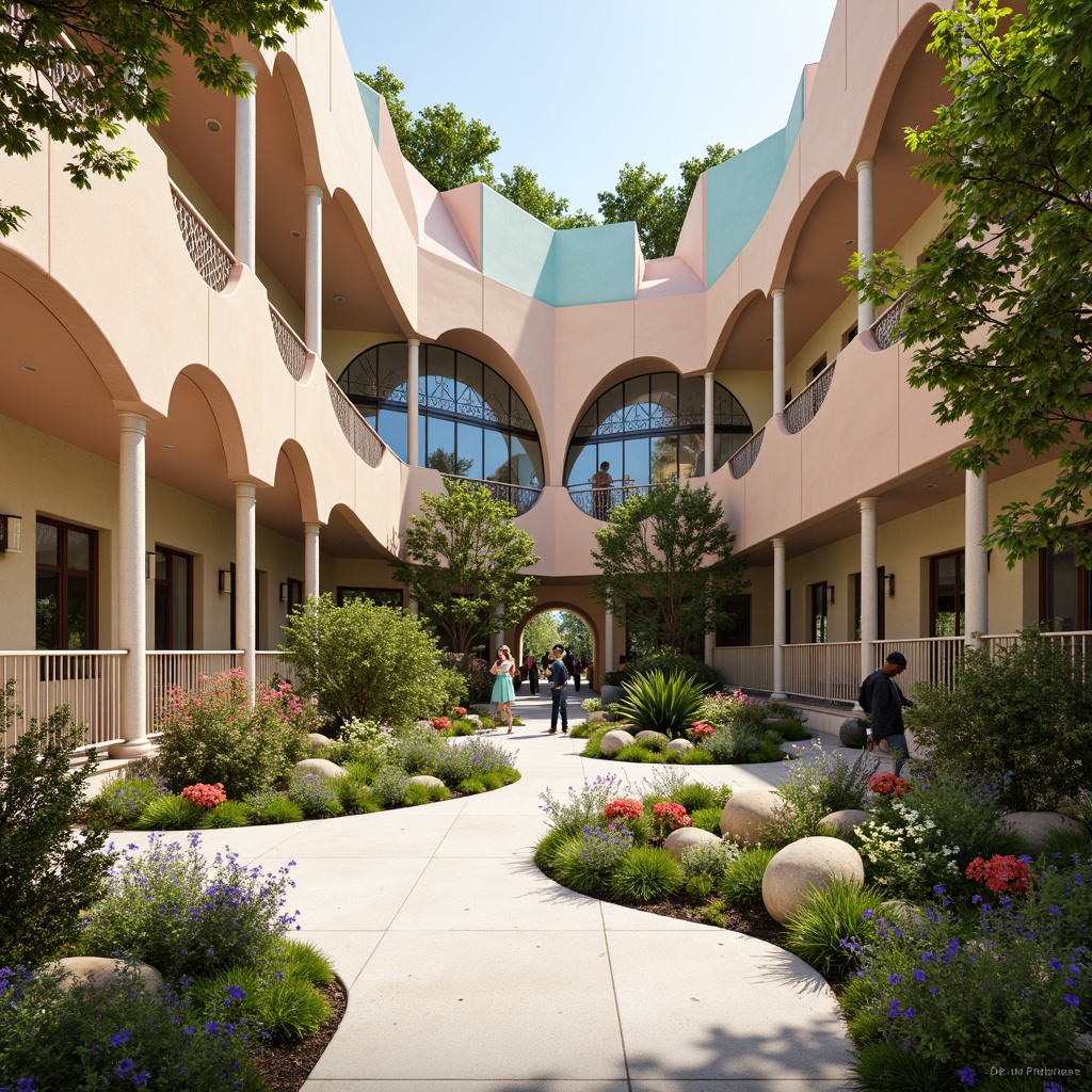 Prompt: Vibrant kindergarten, curved lines, flowing ornaments, organic forms, pastel colors, whimsical patterns, decorative railings, ornate doorways, stained glass windows, intricate stonework, lush greenery, blooming flowers, sunny day, soft warm lighting, shallow depth of field, 3/4 composition, panoramic view, realistic textures, ambient occlusion.