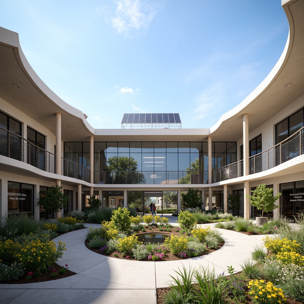 Prompt: Streamlined modern middle school facade, curved lines, minimal ornamentation, neutral color palette, large windows, sliding glass doors, cantilevered canopies, open-air courtyard, lush greenery, vibrant flowers, educational signage, metal accents, horizontal louvers, solar panels, water feature, shallow depth of field, 3/4 composition, panoramic view, realistic textures, ambient occlusion.