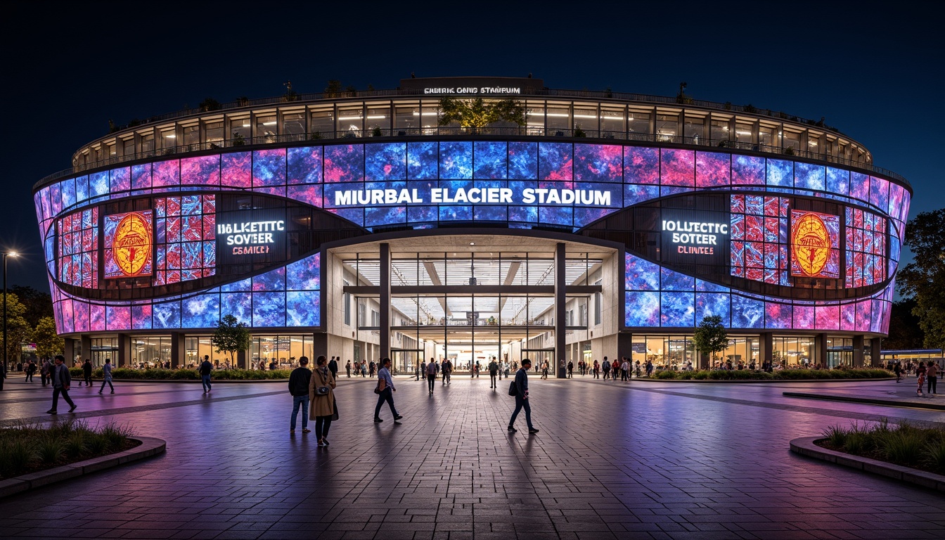 Prompt: Vibrant eclectic soccer stadium, ornate grand entrance, intricate stone carvings, sweeping arches, colorful mosaic patterns, ornamental metalwork, dynamic curves, futuristic LED lighting, transparent glass fa\u00e7ade, modernist geometric shapes, bold typography, urban cityscape, bustling crowd, dramatic night illumination, shallow depth of field, 1/2 composition, wide-angle lens, realistic textures, ambient occlusion.