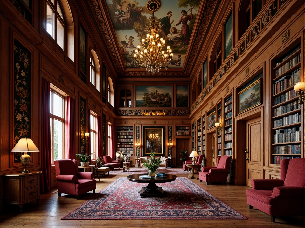 Prompt: Opulent library interior, rich wood tones, gilded accents, ornate carvings, intricate moldings, velvety drapes, warm golden lighting, lavish furnishings, crimson reds, emerald greens, majestic blues, regal purples, dramatic chiaroscuro, soft focus, shallow depth of field, 2/3 composition, symmetrical framing, elaborate frescoes, ornamental stucco, intricate marble inlays, luxurious textiles, Baroque-inspired patterns.