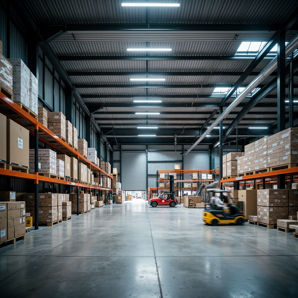 Prompt: Efficient distribution center, modern industrial architecture, steel frames, metal cladding, loading docks, cargo lifts, conveyor belts, shelving systems, racking storage, fluorescent lighting, polished concrete floors, organized warehouse spaces, high ceilings, open layout, functional design, optimized workflow, ample natural light, softbox lighting, shallow depth of field, 2/3 composition, realistic textures, ambient occlusion.