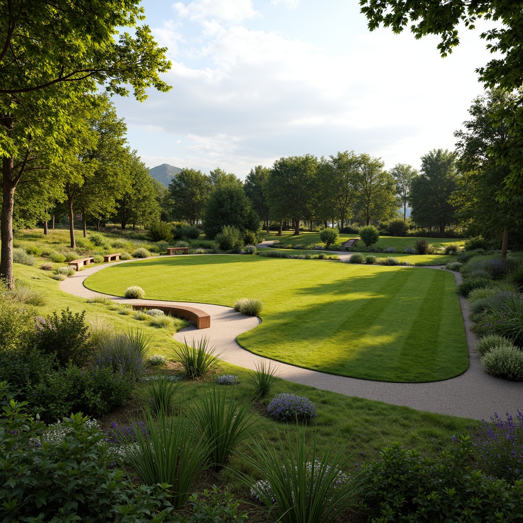 Prompt: Natural sports field, lush green grass, organic curves, winding paths, wooden benches, rustic stone walls, earthy tones, eco-friendly materials, sustainable drainage systems, rainwater harvesting, native plant species, wildflower meadows, butterfly habitats, serene ambiance, warm sunlight, soft shadows, shallow depth of field, 1/2 composition, realistic textures, ambient occlusion.