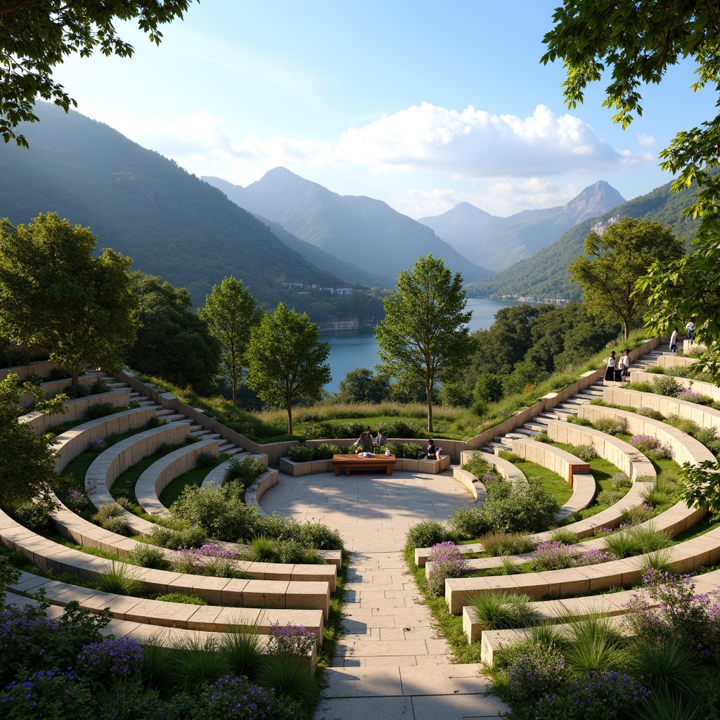 Prompt: Serene amphitheater landscape, harmonious curves, lush green hills, natural stone seating, wooden accents, gentle slopes, tranquil atmosphere, soft warm lighting, shallow depth of field, 3/4 composition, panoramic view, realistic textures, ambient occlusion, subtle water features, rustic retaining walls, meandering pathways, vibrant wildflowers, scenic lookout points, majestic mountain views, clear blue sky, sunny day.