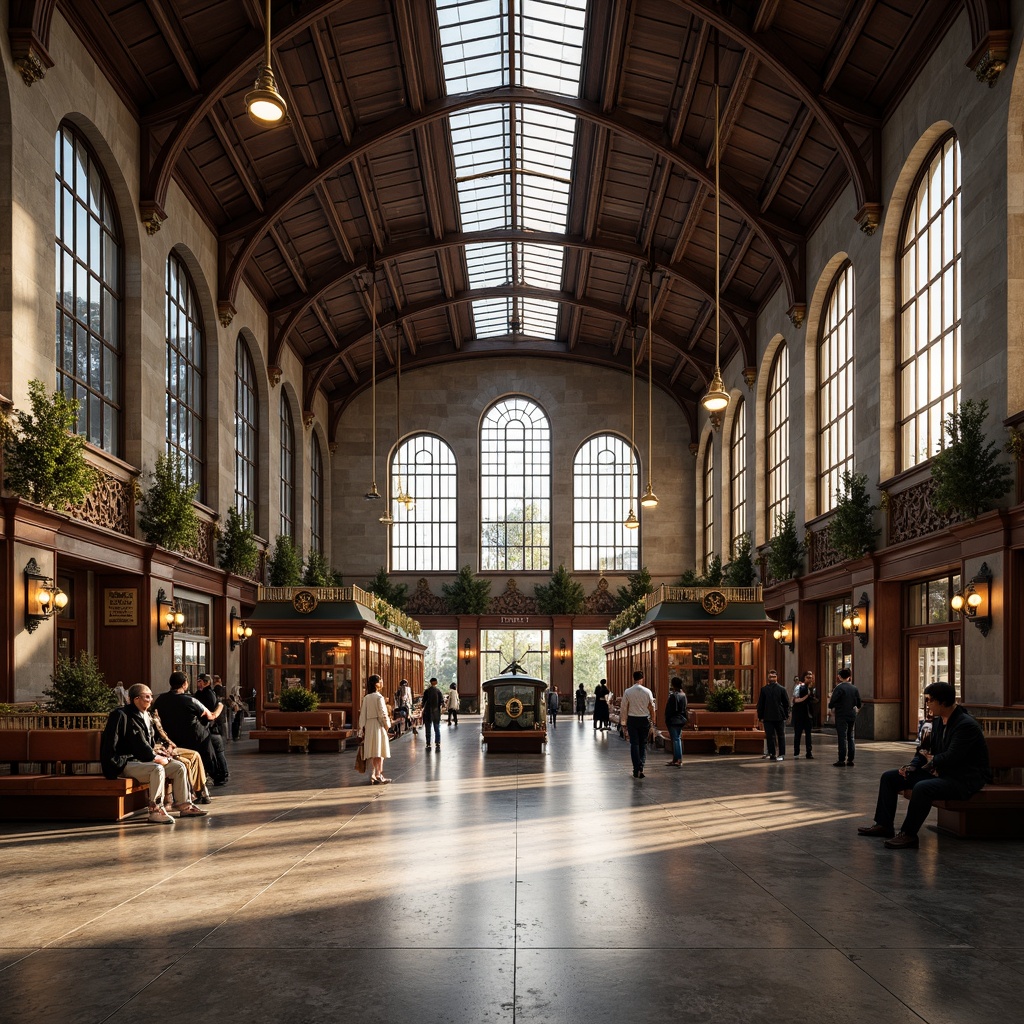 Prompt: Grandiose train station, ornate stone fa\u00e7ade, rusticated arches, vaulted ceilings, stained glass windows, intricate ironwork, polished marble floors, ornamental bronze details, rich wood paneling, elegant chandeliers, symmetrical composition, natural light pouring in, warm color palette, subtle texture variation, realistic rendering, ambient occlusion.