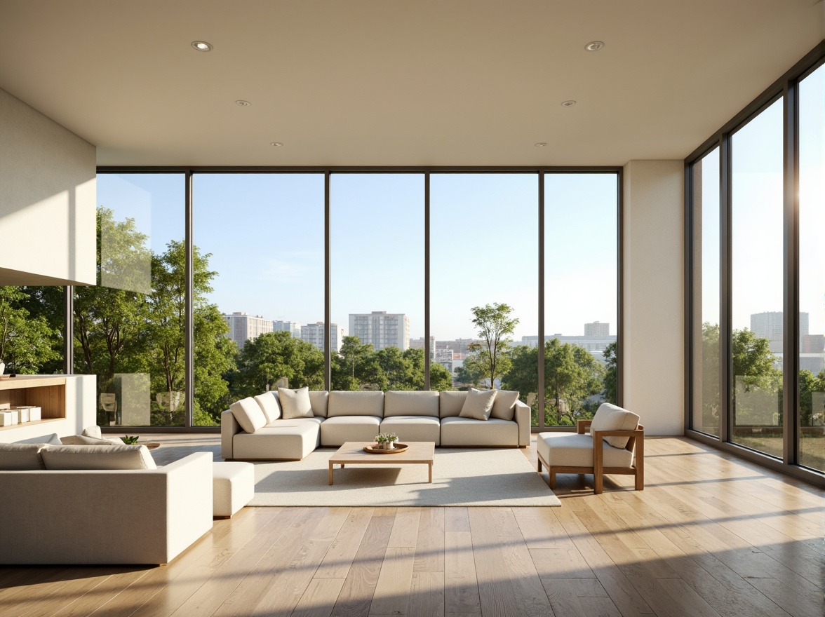 Prompt: Spacious living room, floor-to-ceiling windows, sliding glass doors, minimal window frames, light-filled interior, creamy white walls, polished wooden floors, modern minimalist furniture, greenery views, urban skyline, clear blue sky, warm sunny day, soft diffused lighting, shallow depth of field, 1/1 composition, realistic textures, ambient occlusion.