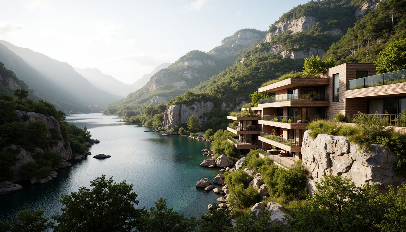 Prompt: Sweeping mountain ranges, serene lakeside, lush green forests, meandering rivers, natural rock formations, blended architecture, curved lines, organic shapes, earthy tones, reclaimed wood accents, living walls, green roofs, cantilevered structures, panoramic views, soft warm lighting, shallow depth of field, 3/4 composition, realistic textures, ambient occlusion.