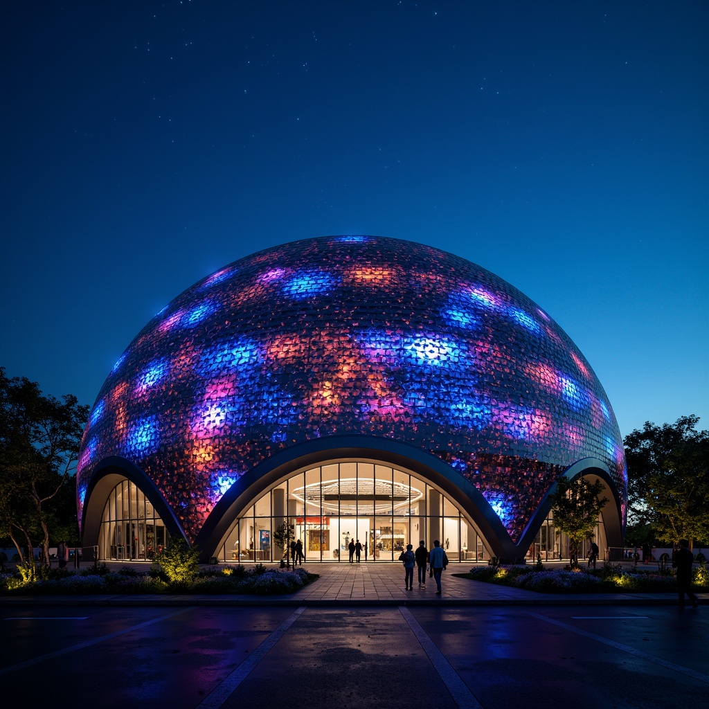 Prompt: Glowing planetarium dome, iridescent facade, neon-lit arches, futuristic metabolism-inspired patterns, bioluminescent accents, celestial body projections, starry night sky, dark blue-gray hues, sleek metal cladding, parametric design, algorithmic geometry, undulating curves, kinetic architecture, adaptive systems, responsive materials, climate control integration, energy-harvesting skin, translucent canopies, atmospheric misting, immersive observatory experience, 360-degree panoramic view, high-contrast lighting, dramatic shading, intricate texture mapping.