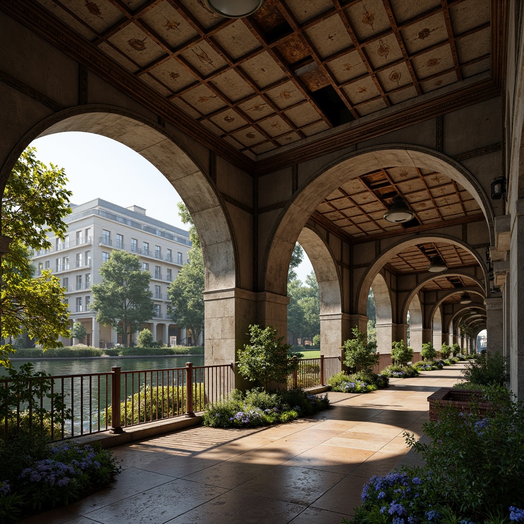 Prompt: Intricate ironwork, flowing curves, ornate railings, grand arches, majestic piers, riveted steel beams, rust-colored patina, moss-covered stonework, lush greenery, serene water reflections, soft warm lighting, shallow depth of field, 1/1 composition, realistic textures, ambient occlusion.