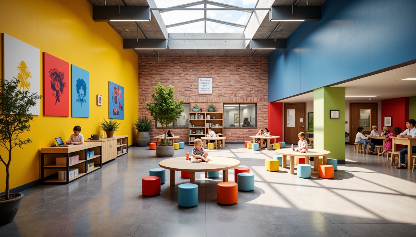 Prompt: Vibrant elementary school, bold primary colors, geometric shapes, minimalist decor, industrial materials, exposed brick walls, polished concrete floors, modern furniture, circular tables, colorful stools, educational charts, abstract artwork, natural light, clerestory windows, open spaces, collaborative learning areas, dynamic color blocking, playful typography, simplified forms, functional design, innovative storage solutions, eco-friendly materials, stimulating atmosphere, morning sunlight, soft shadows, 3/4 composition, symmetrical view.