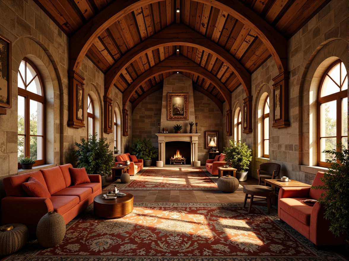 Prompt: Warm hospitality ambiance, rustic stone walls, arched windows, ornate doorways, textured brick facades, grandiose vaulted ceilings, luxurious velvet furnishings, rich wood accents, intricate mosaics, warm golden lighting, shallow depth of field, 1/1 composition, dramatic shadows, realistic materials, ambient occlusion, inviting fireplaces, cozy nooks, elegant arches, ornate columns, natural stone flooring, plush carpets, soft upholstery, Romanesque-inspired patterns, vibrant earthy tones.