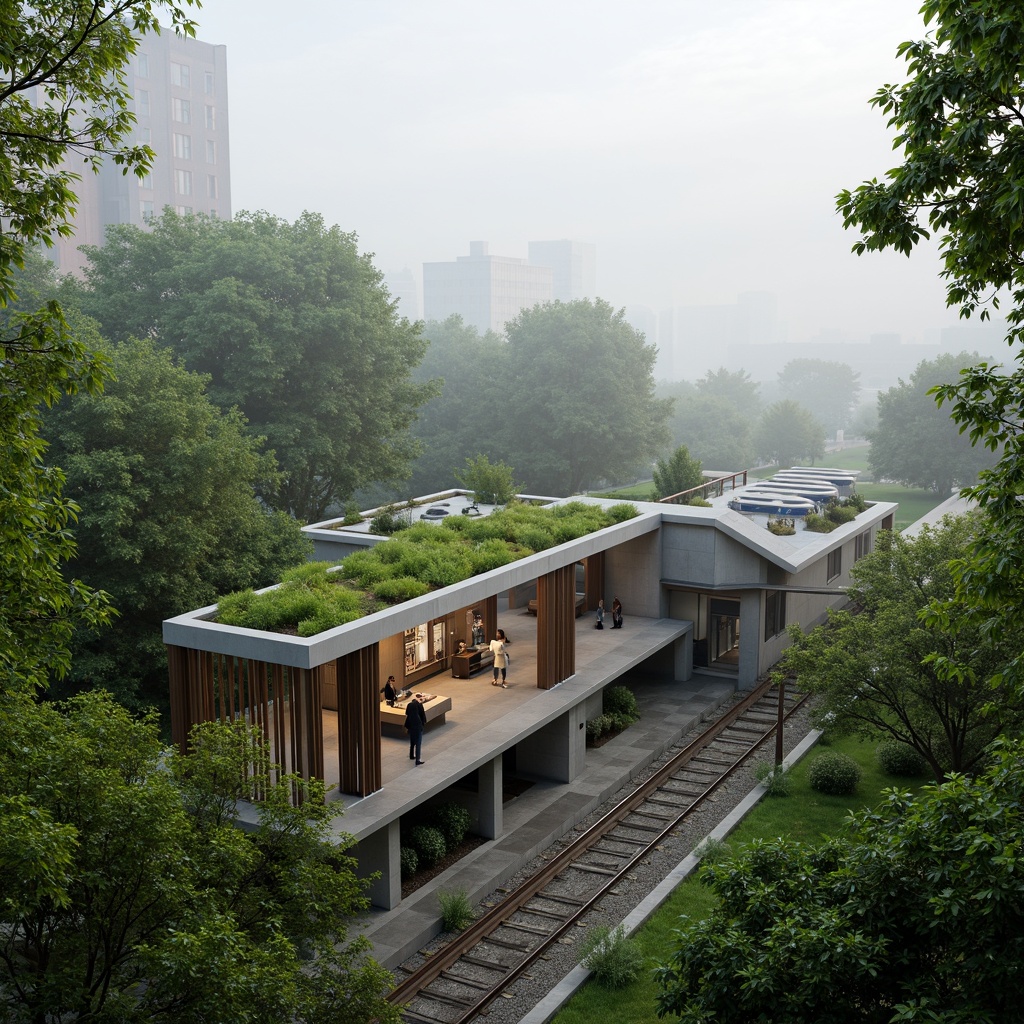 Prompt: Eco-friendly tram station, lush green roofs, solar panels, rainwater harvesting systems, natural ventilation, large skylights, energy-efficient lighting, recycled materials, minimal waste design, bamboo flooring, living walls, vertical gardens, urban forestry, misty morning atmosphere, soft diffused lighting, shallow depth of field, 1/1 composition, panoramic view, realistic textures, ambient occlusion.