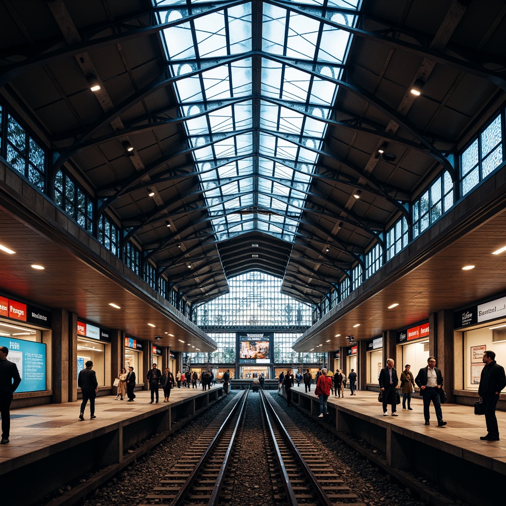 Prompt: Modern train station, sleek glass roof, steel beams, urban atmosphere, bustling crowds, platform signage, digital displays, LED lighting, warm ambiance, soft shadows, shallow depth of field, 1/2 composition, symmetrical framing, futuristic architecture, metallic textures, ambient occlusion, dynamic light movement, vibrant color scheme, evening scene, warm glow, dramatic spotlights.