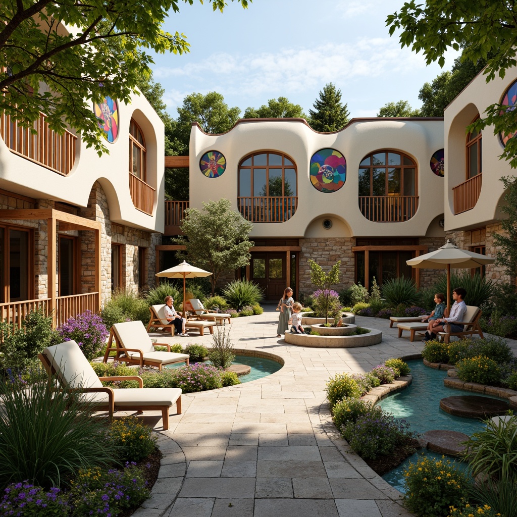 Prompt: Whimsical kindergarten courtyard, curved Art Nouveau lines, organic shapes, vibrant flower patterns, natural stone walls, wooden play structures, wavy roofs, stained glass windows, colorful ceramic tiles, lush greenery, blooming gardens, winding paths, meandering streams, whimsical sculptures, interactive water features, sunny day, soft warm lighting, shallow depth of field, 3/4 composition, panoramic view, realistic textures, ambient occlusion.