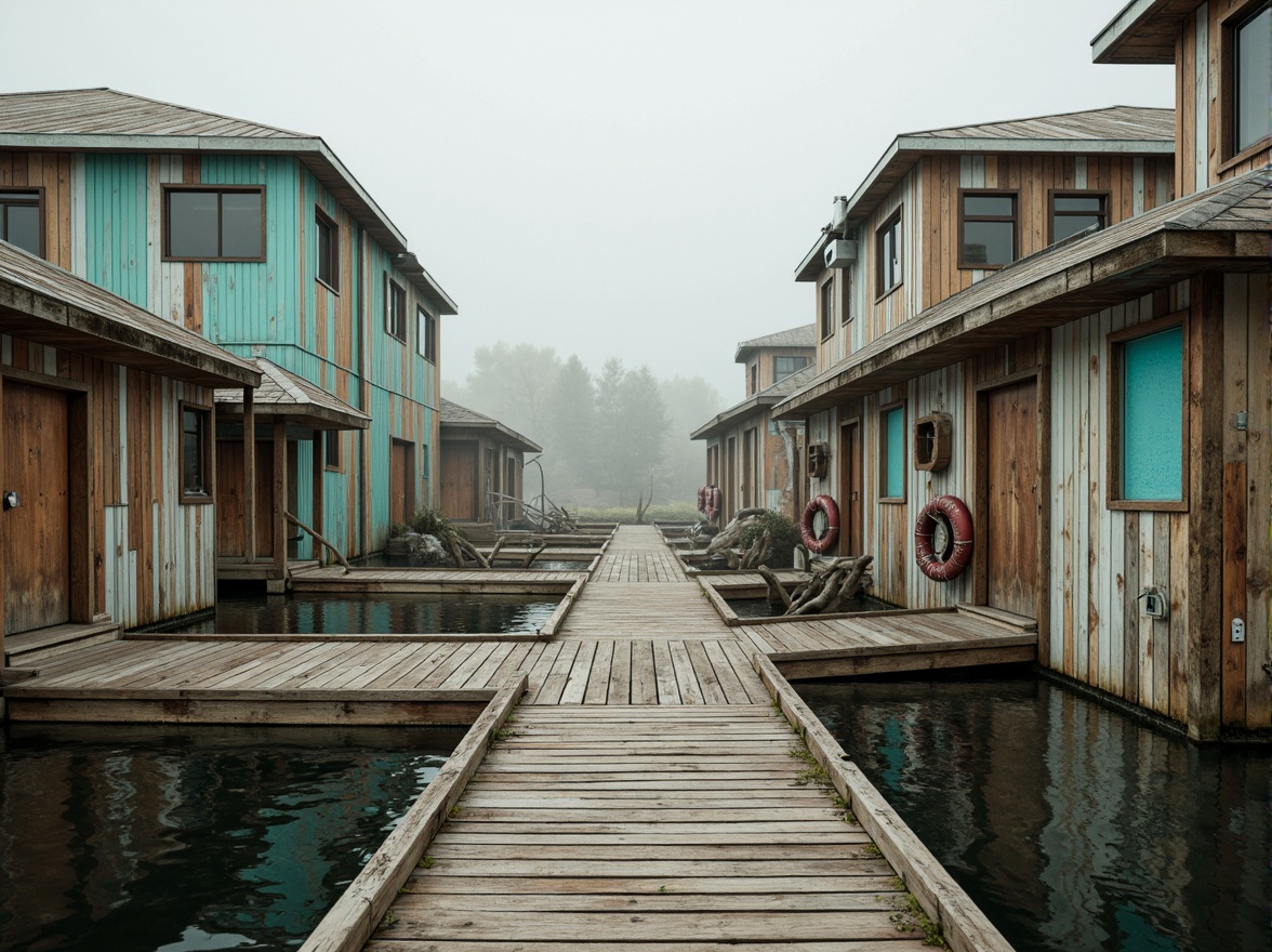 Prompt: Rustic wooden docks, weathered boat lifts, nautical ropes, vintage life rings, distressed wooden planks, eclectic color palette, bold turquoise accents, warm beige tones, rich brown woods, creamy whites, soft blues, abstract geometric patterns, irregular shapes, playful asymmetry, oversized windows, industrial metal roofs, reclaimed wood textures, atmospheric misty lighting, shallow depth of field, 1/2 composition, cinematic view.