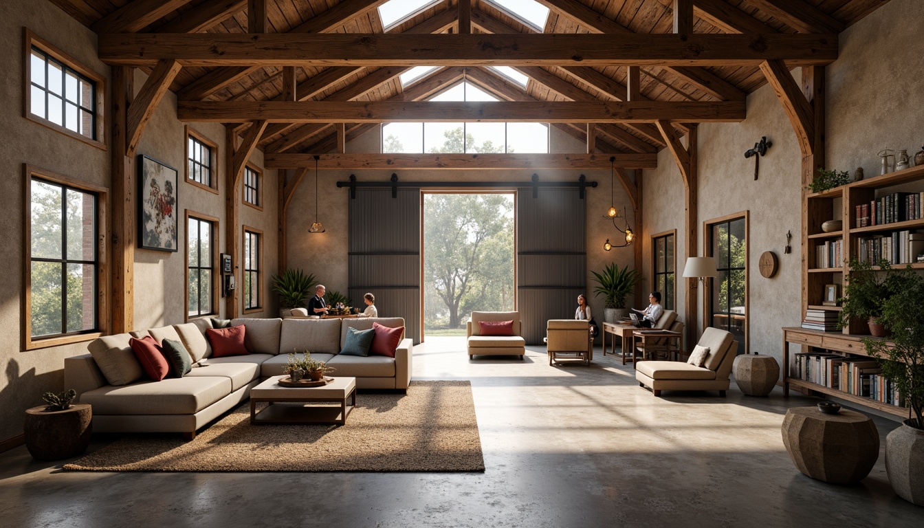 Prompt: Rustic barn interior, reclaimed wood accents, vintage farm tools, natural stone walls, wooden beams, metal rooflights, cozy reading nooks, plush sectional sofas, woven jute rugs, earthy color palette, warm pendant lighting, industrial metal shelves, functional workspaces, modern farmhouse decor, open-plan living areas, sliding barn doors, polished concrete floors, distressed wood finishes, atmospheric misty morning light, shallow depth of field, 2/3 composition, realistic textures.