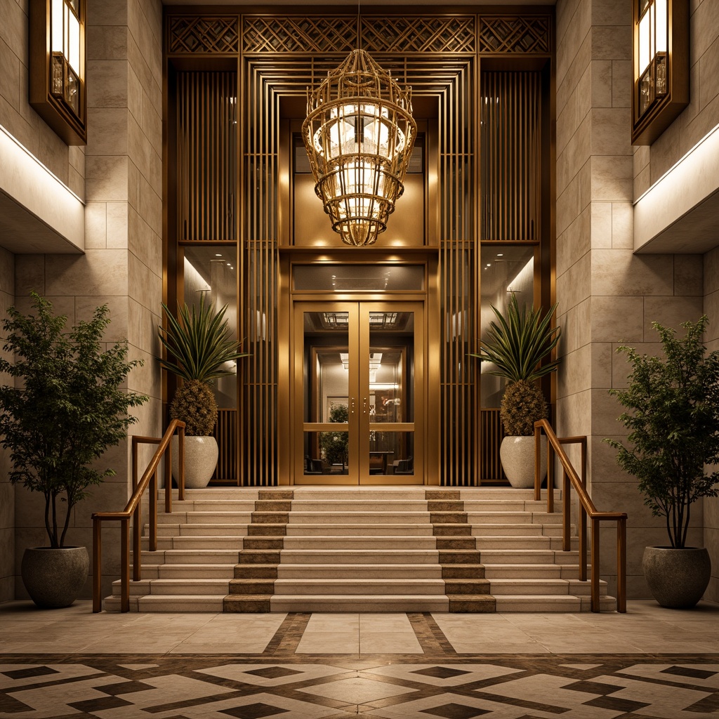 Prompt: Grand courthouse entrance, ornate bronze doors, symmetrical Art Deco fa\u00e7ade, zigzag motifs, geometric patterns, chevron details, stylized metalwork, grand staircase, marble flooring, ornate chandeliers, lavish interior decorations, high ceilings, vertical emphasis, horizontal lines, luxurious materials, golden accents, warm lighting, dramatic shadows, low-angle view, 1/1 composition, realistic textures.