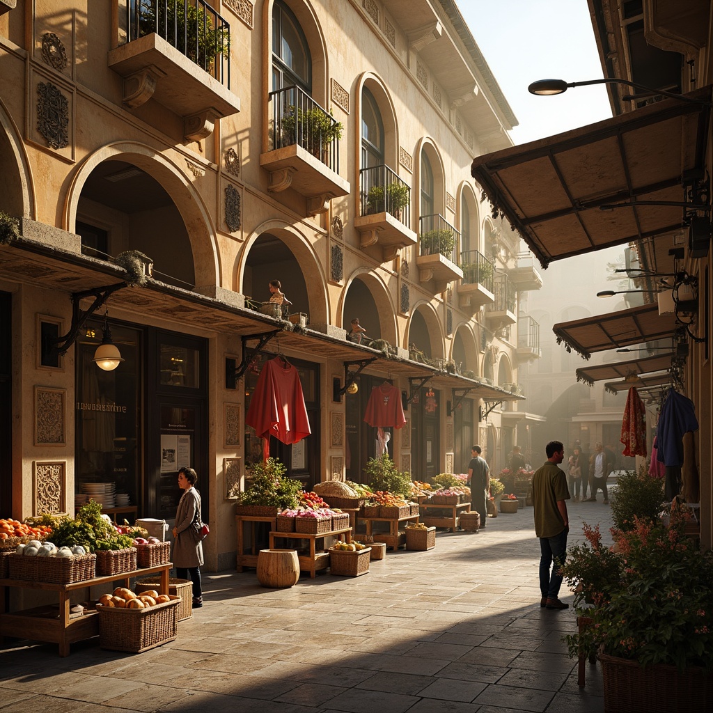 Prompt: Rustic market scene, warm golden lighting, ornate stone facades, arched windows, rounded doorways, intricate carvings, decorative columns, grand entranceways, lively street vendors, vibrant colorful textiles, woven baskets, fresh produce, rustic wooden crates, ancient Roman-inspired architectural details, weathered stone surfaces, soft misty atmosphere, shallow depth of field, 1/1 composition, realistic textures, ambient occlusion.