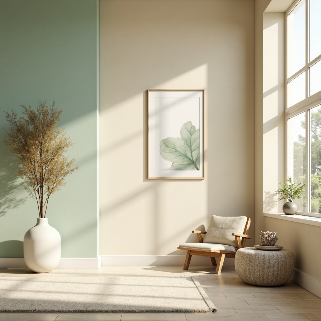 Prompt: Calming interior space, soothing color scheme, pastel hues, soft beige walls, gentle mint accents, creamy whites, warm wood tones, natural textures, organic shapes, minimalist decor, peaceful ambiance, morning sunlight, subtle shadows, 1/1 composition, soft focus, realistic render.