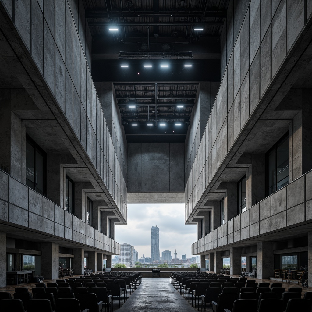 Prompt: Industrial concrete concert halls, brutalist architecture, raw unfinished textures, cold grey tones, geometric angular forms, metallic accents, spotlights, dramatic shadows, urban cityscape backdrop, night-time ambiance, misty fog effects, shallow depth of field, 1/2 composition, realistic renderings, ambient occlusion, detailed normal maps.