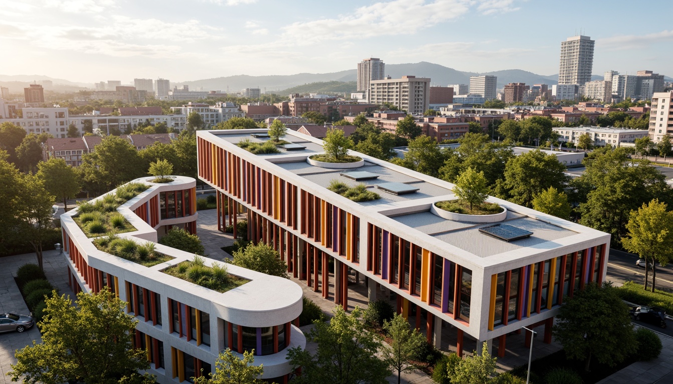 Prompt: Vibrant community center, angular modern architecture, bold color schemes, textured concrete facades, green roofs, solar panels, vertical gardens, urban landscape, bustling cityscape, morning sunlight, soft warm lighting, shallow depth of field, 3/4 composition, realistic textures, ambient occlusion.