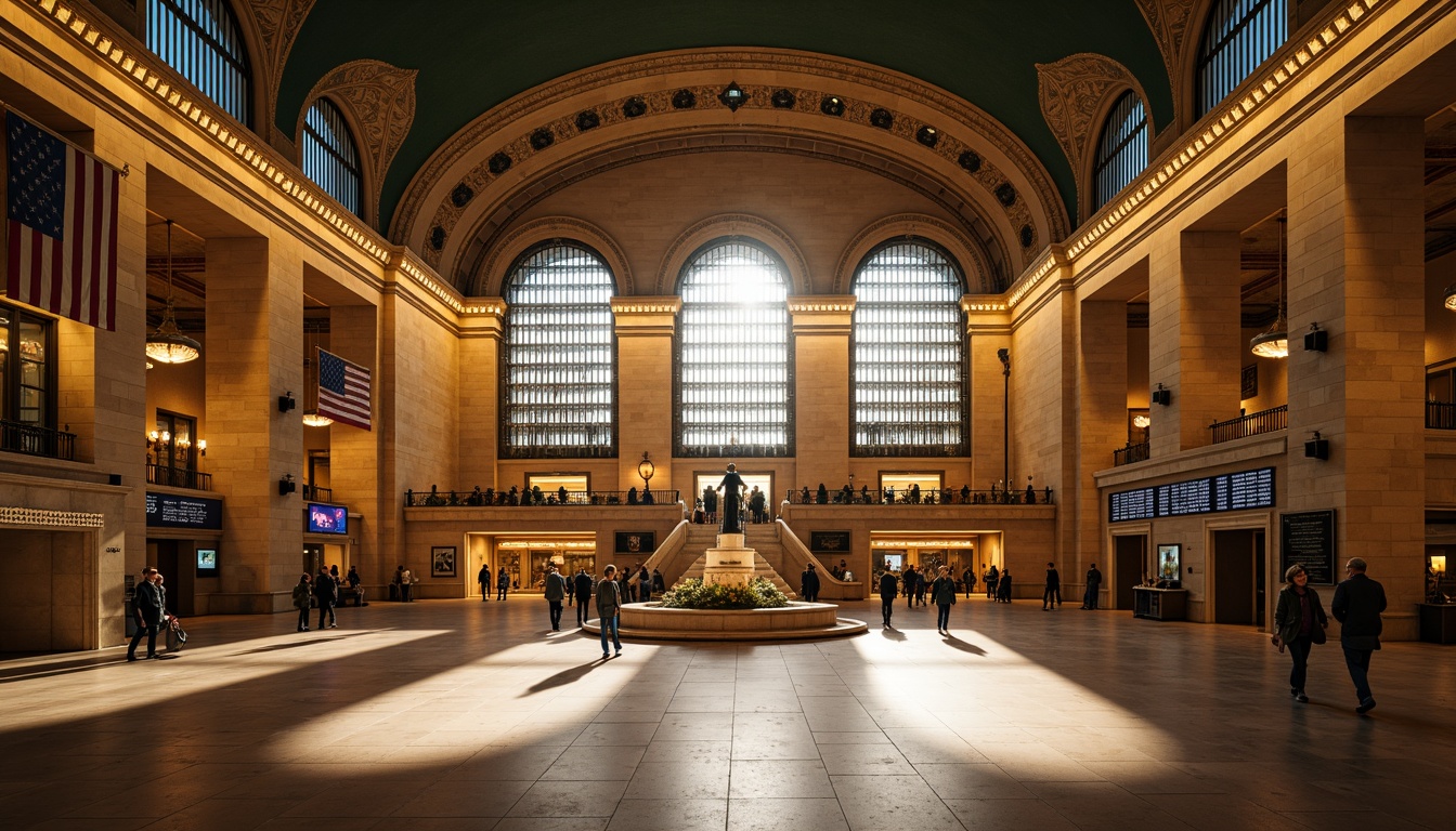 Prompt: Grandiose train station, Renaissance Revival architecture, ornate facades, intricately carved stonework, rusticated quoins, grand arched windows, sweeping staircases, ornamental ironwork, lavish chandeliers, high ceilings, expansive atriums, natural stone flooring, warm golden lighting, soft focus photography, 1/1 composition, atmospheric perspective, realistic textures, ambient occlusion.