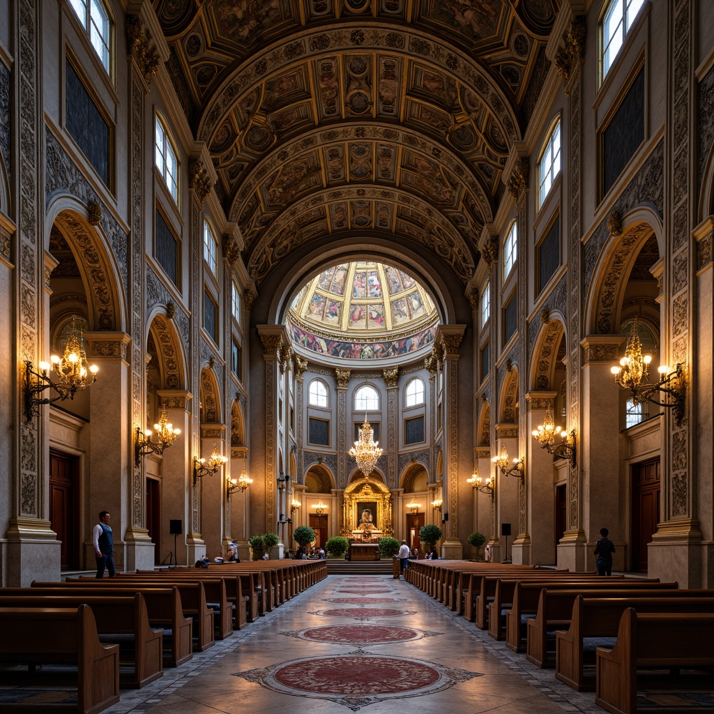 Prompt: Intricate stone carvings, ornate moldings, golden accents, grand basilicas, majestic domes, arched windows, marble columns, richly patterned textiles, opulent chandeliers, warm candlelight, mystical atmosphere, soft focus, 1/1 composition, realistic textures, ambient occlusion.