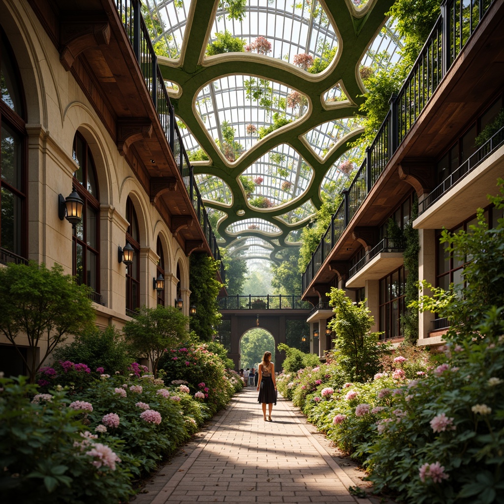 Prompt: Whimsical botanical gardens, sinuous flower patterns, flowing organic shapes, elegant curved lines, ornate metalwork, stained glass windows, intricate stone carvings, luxurious velvet fabrics, soft warm lighting, shallow depth of field, 3/4 composition, panoramic view, realistic textures, ambient occlusion.