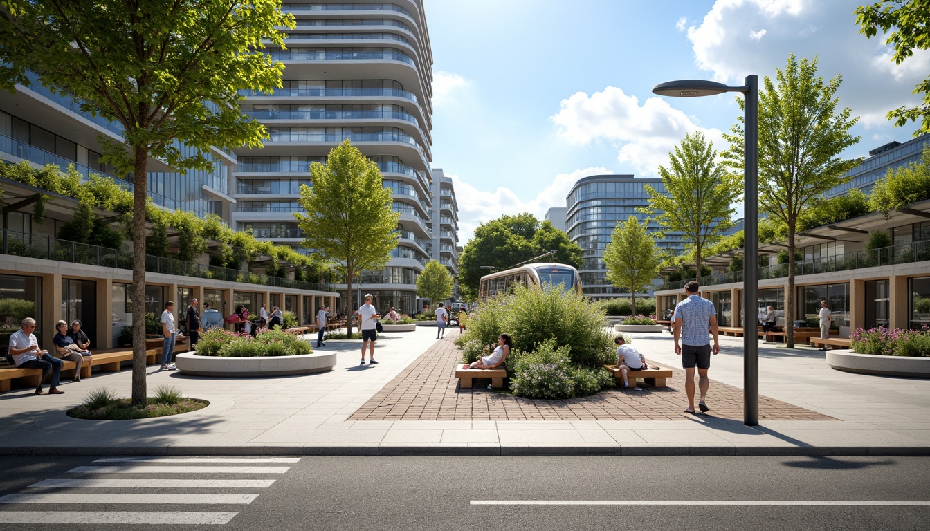 Prompt: Vibrant tram station, lush green roofs, modern architecture, curved lines, glass canopies, natural stone flooring, wooden benches, urban landscape integration, pedestrian-friendly pathways, cycling infrastructure, public art installations, street furniture, energy-efficient lighting, shallow depth of field, 1/1 composition, panoramic view, realistic textures, ambient occlusion.