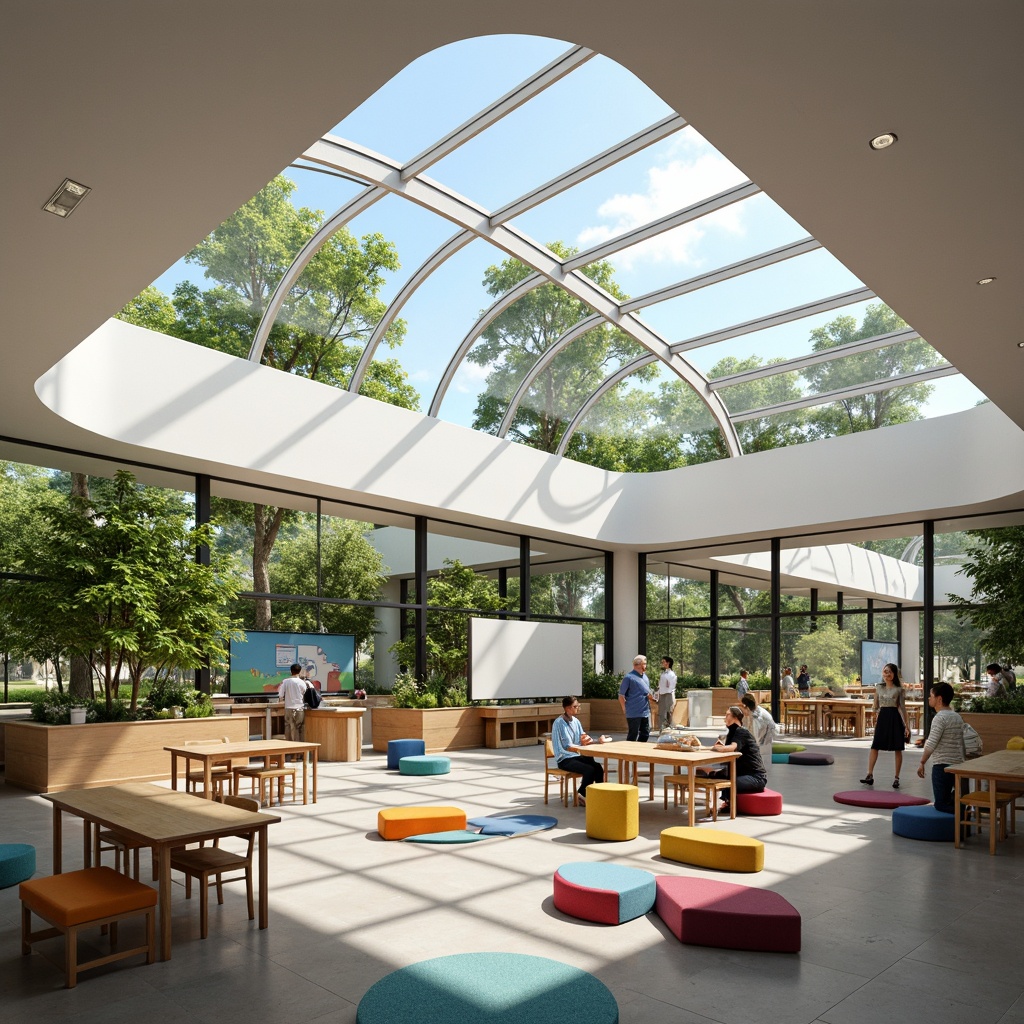 Prompt: Vibrant classrooms, abundant natural light, large windows, skylights, clerestory roofs, transparent glass walls, greenery views, educational murals, colorful furniture, collaborative workspaces, flexible seating arrangements, interactive whiteboards, minimalist decor, soft warm lighting, shallow depth of field, 1/1 composition, realistic textures, ambient occlusion.