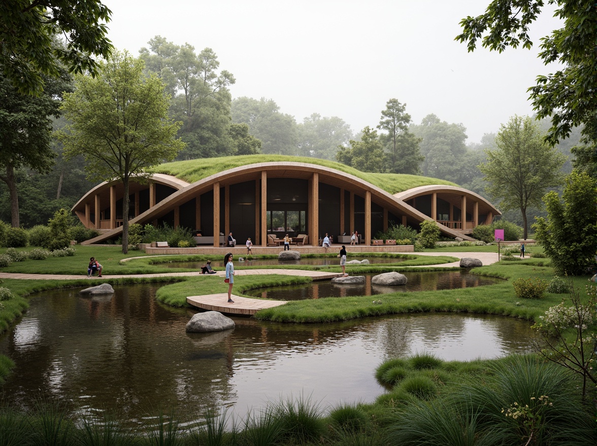 Prompt: Organic concert house, curved lines, natural materials, earthy tones, lush green roofs, living walls, verdant surroundings, serene water features, meandering pathways, rustic wooden accents, reclaimed wood textures, soft warm lighting, misty atmosphere, shallow depth of field, 1/2 composition, panoramic view, realistic foliage, ambient occlusion.