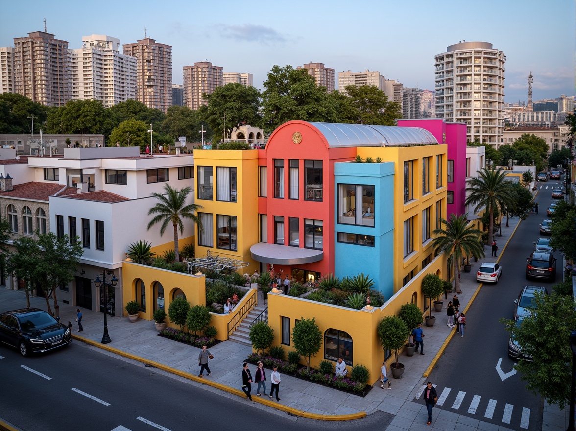 Prompt: Vibrant villa facade, eclectic architectural style, curved lines, ornate decorations, bright color scheme, natural stone walls, lush green roofs, surrounding urban landscape, bustling city streets, modern skyscrapers, vibrant street art, pedestrian-friendly infrastructure, efficient public transportation, mixed-use development, walkable neighborhoods, adaptive reuse of historic buildings, innovative urban planning, dynamic cultural events, warm evening lighting, shallow depth of field, 1/1 composition, realistic textures, ambient occlusion.