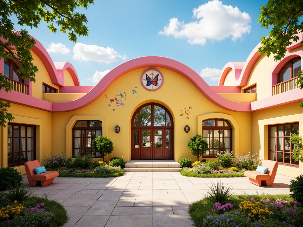 Prompt: Vibrant kindergarten building, curved lines, organic forms, whimsical patterns, bright color scheme, warm yellow walls, soft pink accents, sky blue ceilings, creamy white trim, ornate wooden doors, stained glass windows, lush greenery, blooming flowers, butterfly-shaped benches, playful murals, Art Nouveau-inspired motifs, intricate tile work, circular archways, sunny day, soft warm lighting, shallow depth of field, 3/4 composition, panoramic view, realistic textures, ambient occlusion.