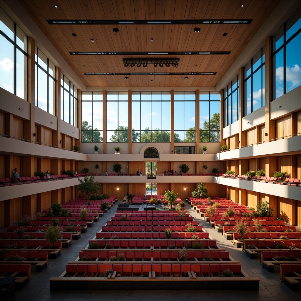 Prompt: Grand auditorium, high ceilings, vast open space, natural light pouring in, floor-to-ceiling windows, clerestory windows, skylights, soft warm glow, diffused lighting, ambient shadows, wooden acoustic panels, comfortable seating, curved rows, vibrant colorful upholstery, modern architecture, sleek lines, minimalist design, large stage, professional lighting systems, dramatic spotlights, subtle sidelighting, 3/4 composition, panoramic view, realistic textures, ambient occlusion.