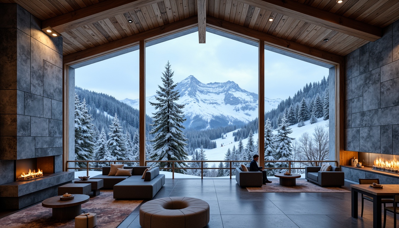 Prompt: Snow-capped mountain peaks, rustic wooden chalets, warm inviting interiors, natural stone fireplaces, exposed wooden beams, modern minimalist furniture, large windows, panoramic views, snowflake-inspired decorative patterns, frosted glass accents, icy blue color scheme, ambient lighting, shallow depth of field, 3/4 composition, realistic textures, ambient occlusion, ski lifts, snowy slopes, winter sports equipment, cozy cafes, warm beverages, crackling fire sounds.