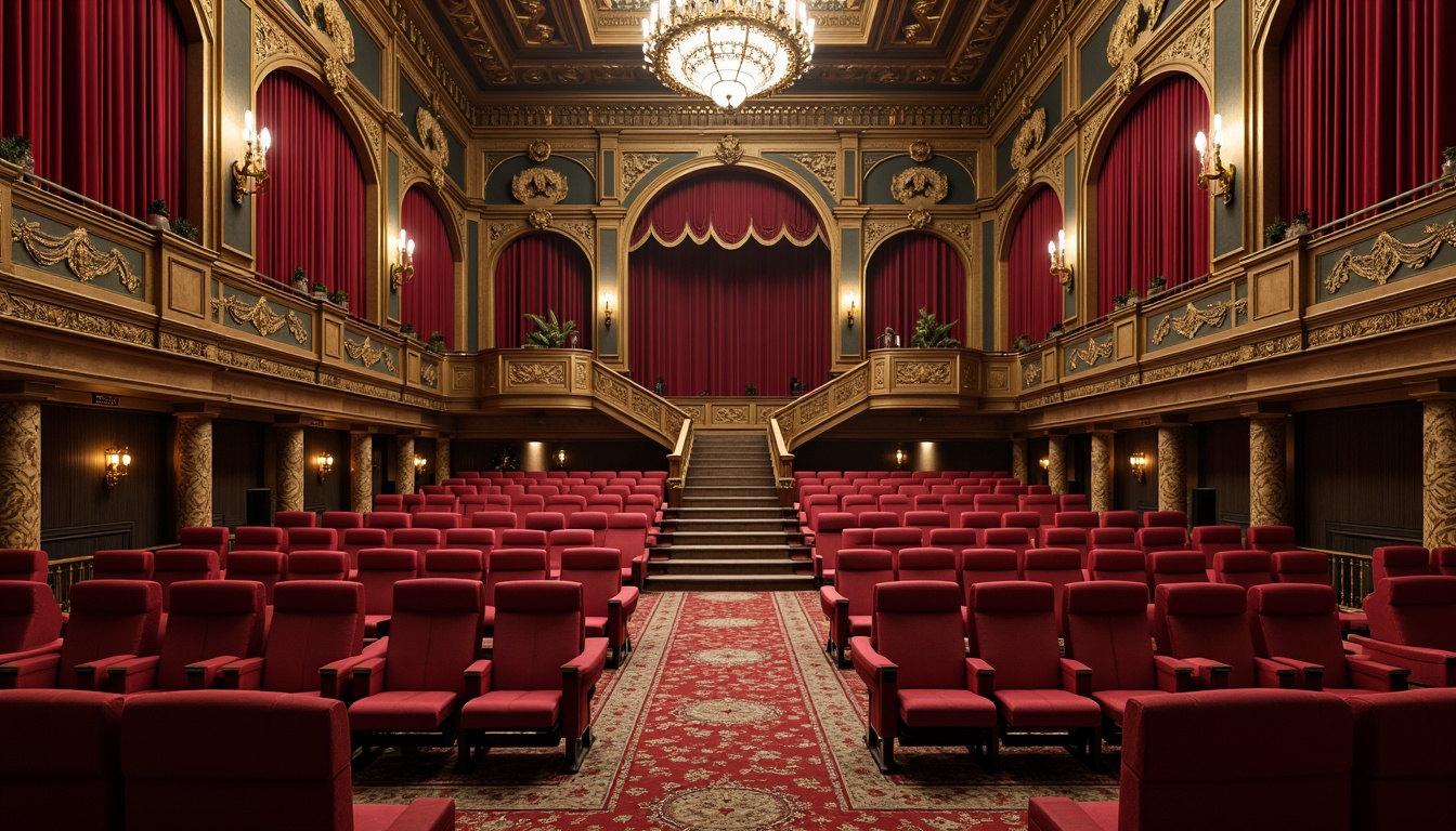 Prompt: Grandiose cinema interior, ornate Romanesque details, rich velvet curtains, golden accents, intricate carvings, majestic columns, high ceilings, dramatic chandeliers, plush red seats, luxurious rugs, grand staircase, sweeping archways, ornamental moldings, warm soft lighting, shallow depth of field, 1/2 composition, cinematic color palette, realistic textures, ambient occlusion.