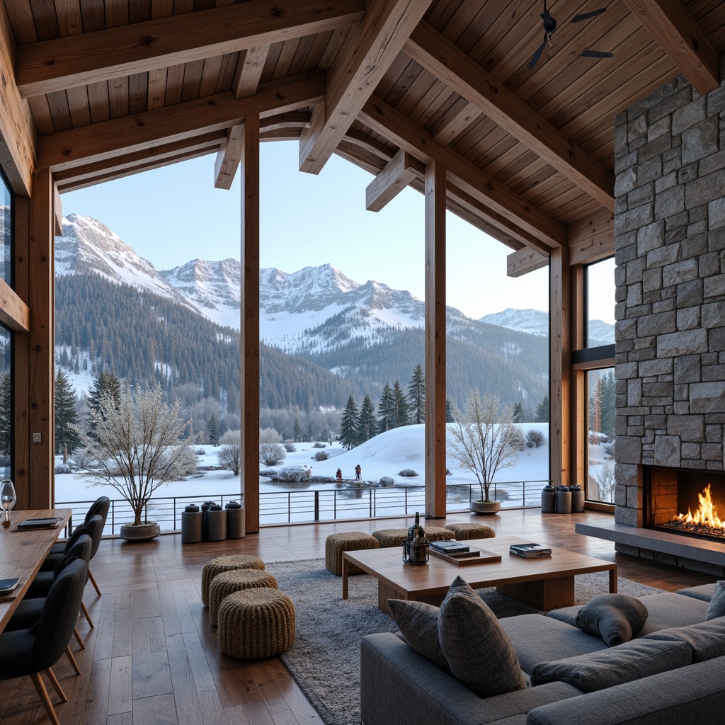 Prompt: Snow-capped mountains, wooden ski lifts, rustic chalets, exposed wooden beams, stone walls, cozy fireplaces, panoramic windows, modern minimalist interior design, sleek metal railings, frozen lake views, snow-covered pine trees, frosty mornings, warm golden lighting, shallow depth of field, 1/2 composition, cinematic camera angles, realistic snow textures, ambient occlusion.