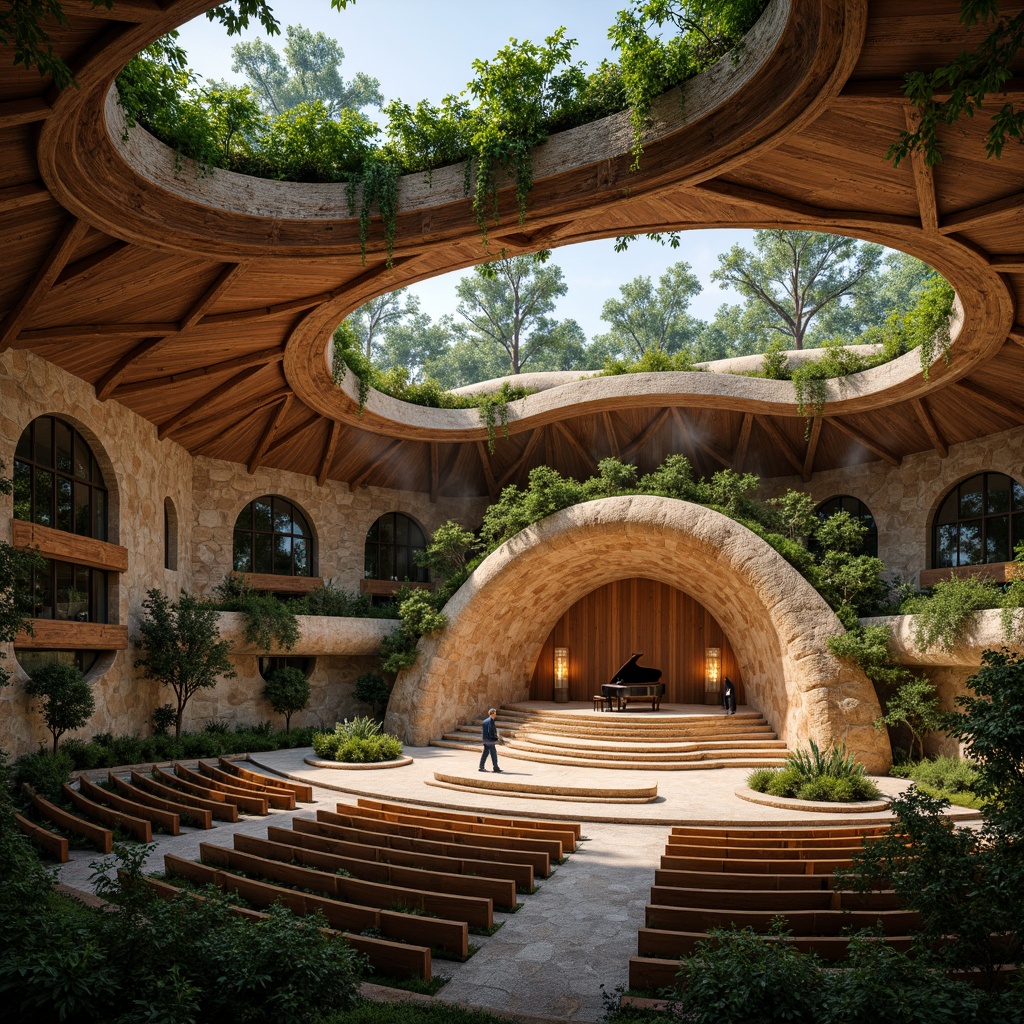 Prompt: Organic concert hall, undulating wooden curves, natural stone walls, green roofs, lush vegetation, cascading water features, rustic wooden accents, earthy color palette, warm ambient lighting, shallow depth of field, 1/2 composition, panoramic view, realistic textures, ambient occlusion, grand piano center stage, intimate seating arrangement, sound-absorbing materials, acoustic panels, natural ventilation systems, large windows, sliding glass doors, serene outdoor spaces, misting systems.