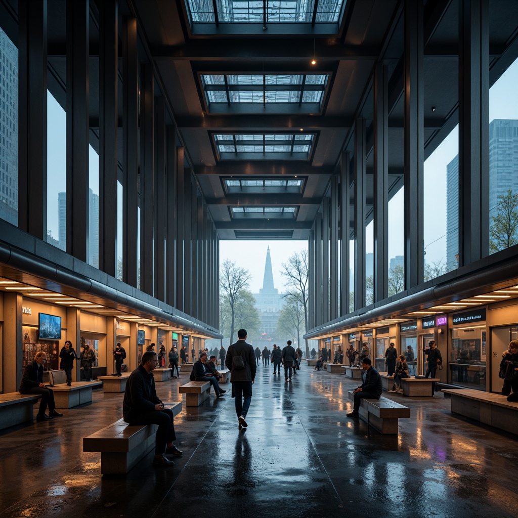 Prompt: Modern train station, high ceilings, sleek architecture, metallic columns, futuristic lighting fixtures, neon signs, bustling atmosphere, morning rush hour, warm soft glow, indirect lighting, LED strips, stainless steel benches, minimalist design, urban landscape, city skyline, rainy day, misty windows, dramatic shadows, 1/1 composition, low-key lighting, cinematic mood.