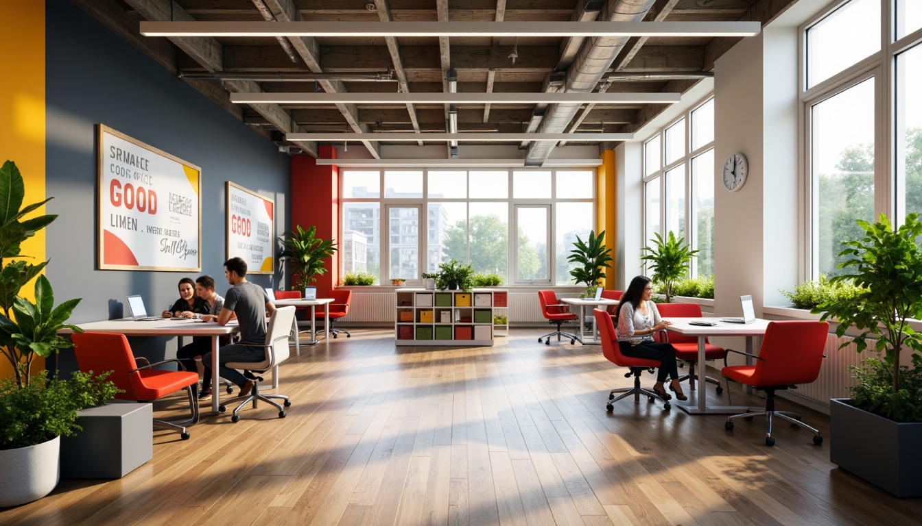 Prompt: Vibrant office space, modern minimalist furniture, sleek metal legs, ergonomic chairs, collaborative workstations, inspirational quotes, whiteboard walls, colorful accent walls, natural wood floors, plenty of greenery, floor-to-ceiling windows, abundance of natural light, soft warm glow, shallow depth of field, 3/4 composition, realistic textures, ambient occlusion.