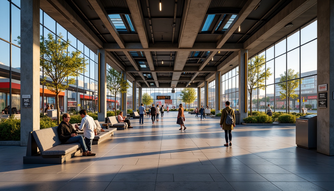 Prompt: Modern bus station interior, sleek metal benches, vibrant colored accents, clear glass partitions, natural stone flooring, energy-efficient lighting, high ceilings, open spaces, intuitive wayfinding signs, real-time digital displays, comfortable waiting areas, convenient amenities, accessible ticketing machines, secure surveillance systems, ambient warm lighting, shallow depth of field, 3/4 composition, panoramic view, realistic textures, ambient occlusion.