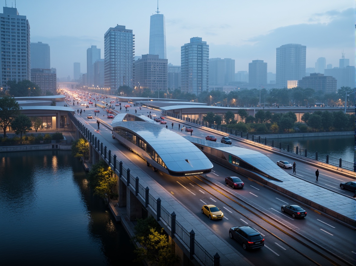 Prompt: Sleek vehicular bridge, aerodynamic curves, metallic silver surfaces, LED lighting strips, futuristic architecture, urban cityscape, morning fog, soft misty atmosphere, shallow depth of field, 1/2 composition, panoramic view, realistic reflections, ambient occlusion, modern suspension systems, steel cables, reinforced concrete pillars, dynamic traffic flow, rush hour scene, vibrant city lights, dramatic nighttime view.