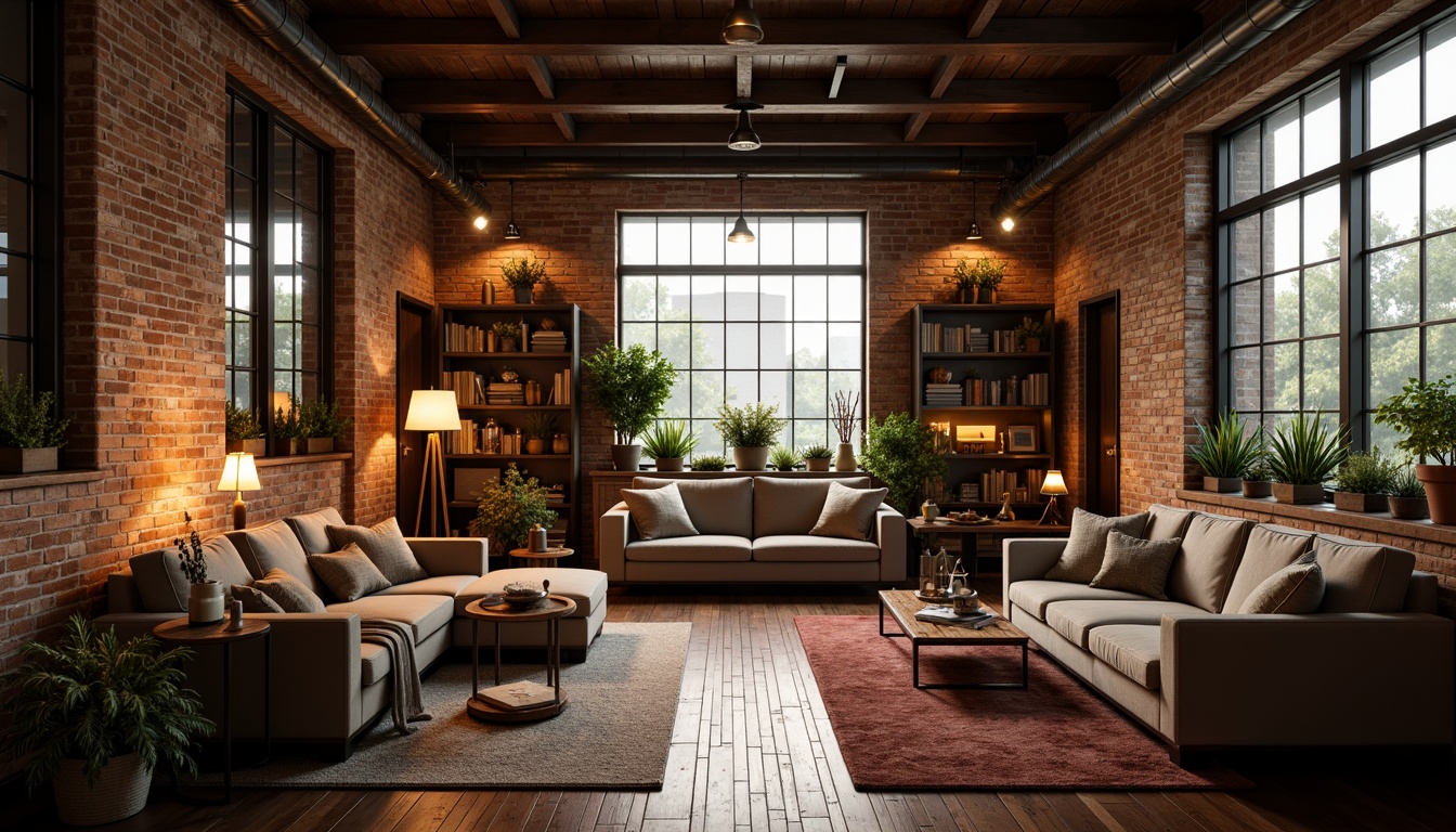 Prompt: Exposed brick walls, reclaimed wood floors, industrial metal beams, romantic candlelight, soft warm glow, cozy reading nooks, plush velvet sofas, vintage decorative items, natural linen fabrics, earthy color palette, spacious open layout, high ceilings, large windows, urban cityscape views, misty morning light, warm golden hour, shallow depth of field, 1/1 composition, intimate atmosphere, rustic elegance.