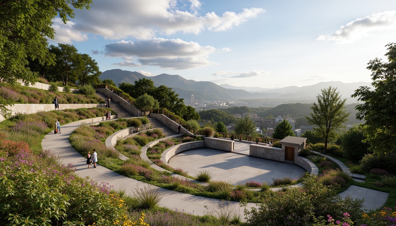 Prompt: Seamless amphitheater design, gentle slope, lush greenery, vibrant flowers, natural stone seating, wooden railings, curved walkways, scenic overlooks, serene atmosphere, warm sunny day, soft diffused lighting, shallow depth of field, 1/1 composition, panoramic view, realistic textures, ambient occlusion, tranquil water features, reflection pools, surrounding hills, misty mountains, dramatic skies, dynamic clouds.