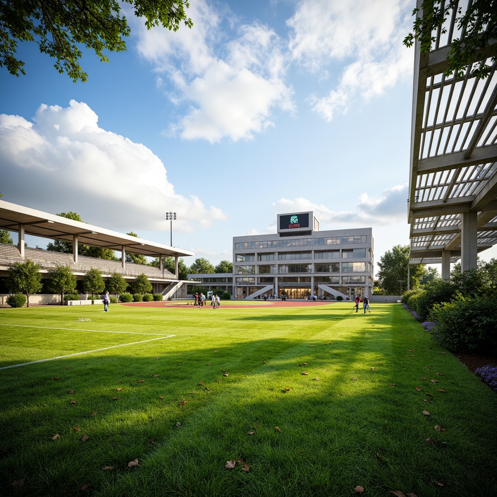 Prompt: Lush green sports field, natural grass, athletic tracks, stadium seating, scoreboard displays, modern architecture, large windows, transparent roofs, skylights, clerestory windows, open-air structures, sunlit spaces, warm ambient lighting, soft shadows, shallow depth of field, 3/4 composition, panoramic view, realistic textures, ambient occlusion, afternoon sunlight, gentle breeze, fluffy white clouds, blue sky, vibrant greenery, organic shapes, earthy tones.